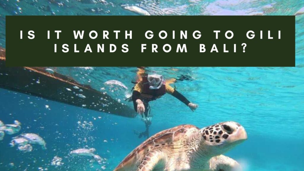 Person snorkeling near a sea turtle in clear blue water with the text 'Is it worth going to Gili Islands from Bali?' overlaid.