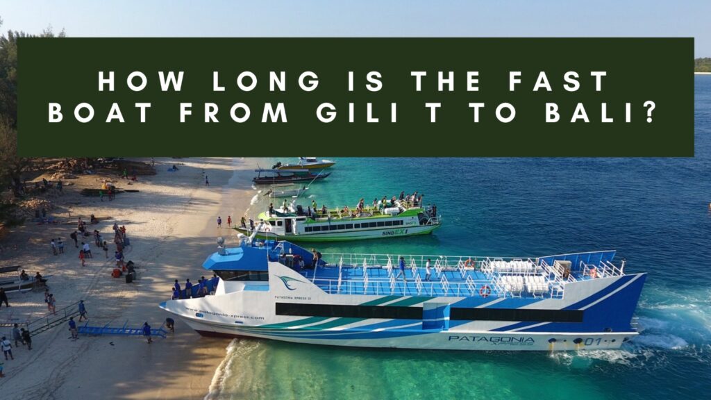 Aerial view of boats docked at a beach with people on the shore, overlaid with the text 'How long is the fast boat from Gili T to Bali?