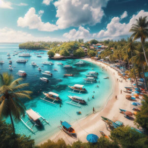 Aerial view of a beautiful tropical beach with clear blue waters, numerous boats anchored near the shore, palm trees, and colorful sun umbrellas along the sandy coastline