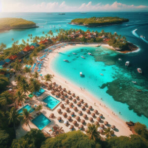 This image depicts a beautiful beach resort with turquoise waters, lush palm trees, and several swimming pools. The beach is lined with umbrellas and sun loungers, and there are a few boats in the water. It looks like an ideal destination for a tropical getaway.