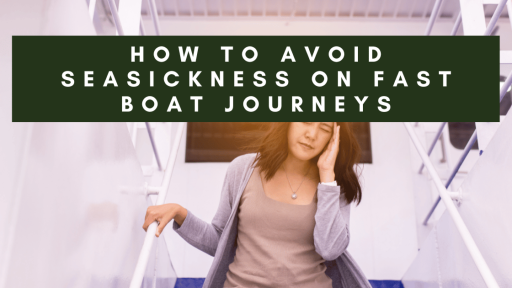 A person on a boat showing signs of seasickness, holding their head with one hand while gripping a railing with the other. The image has a text overlay that reads 'How to Avoid Seasickness on Fast Boat Journeys.' The background is a light-colored boat interior with stairs and railings, emphasizing the setting of a boat journey.