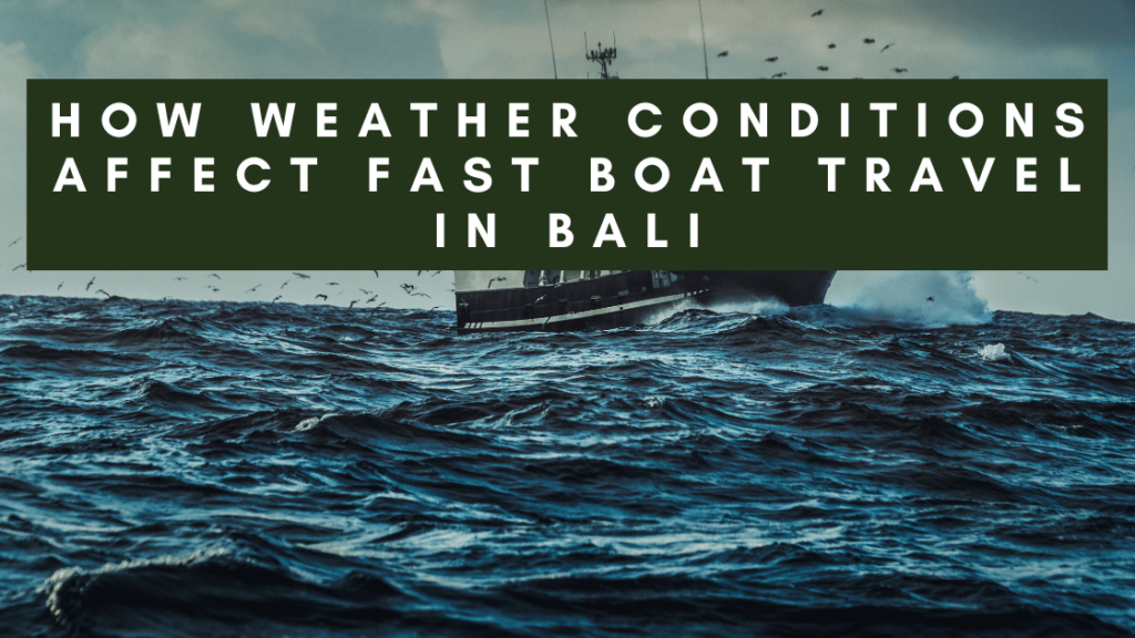 A powerful fast boat with a wake, navigating through rough seas and a cloudy sky in Bali