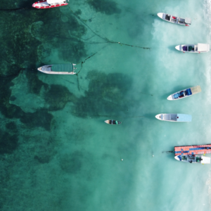 An aerial view of several boats floating in clear, turquoise waters. The boats are scattered across the water, with their shadows visible on the sea floor below. The water is calm and transparent, revealing patches of darker underwater features.