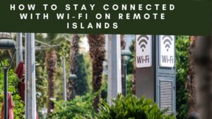 The image shows two Wi-Fi signs on a street. The signs are green with white text that says "Wi-Fi." The background of the image shows palm trees and a street with lampposts.