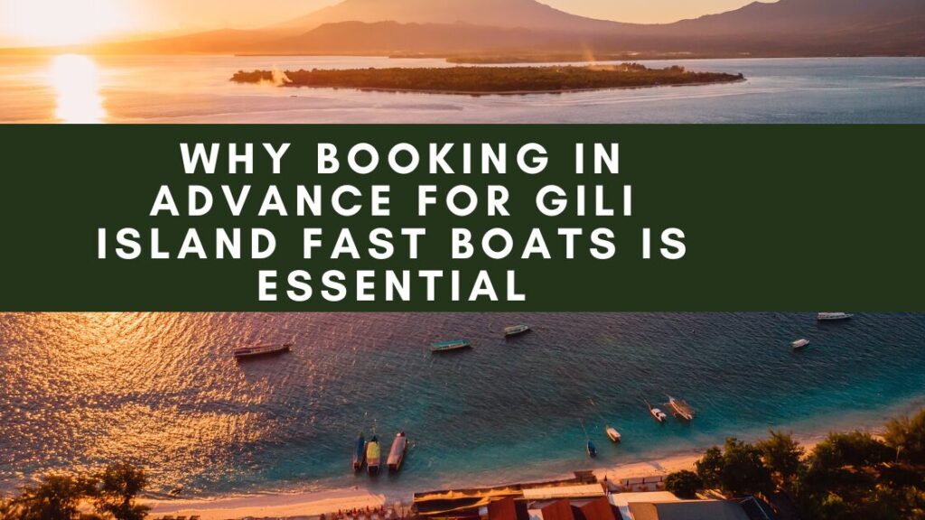 An aerial view of Gili Meno island at sunset. The island is surrounded by calm turquoise water, and there are several boats anchored near the shore. The sky is a vibrant orange and pink, and the overall atmosphere is peaceful and tropical. A banner overlaying the image reads "WHY BOOKING IN ADVANCE FOR GILI ISLAND FAST BOATS IS ESSENTIAL."